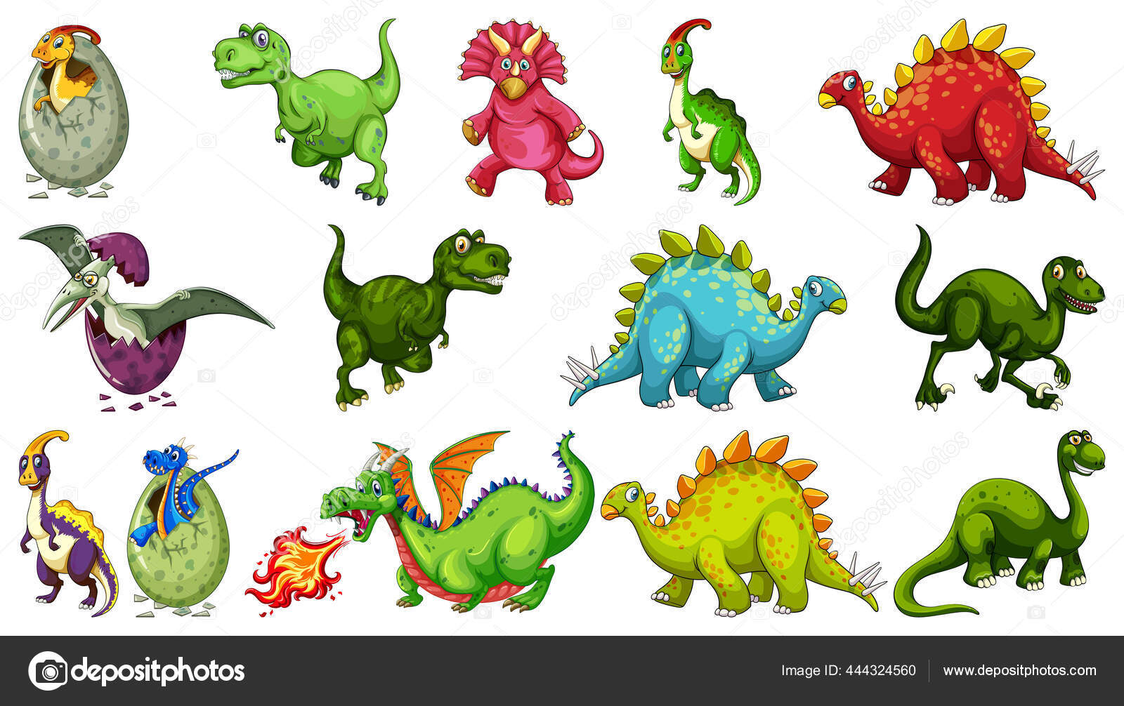 Set Different Dinosaur Cartoon Character Isolated White Background  Illustration Stock Vector Image by ©interactimages #444324560