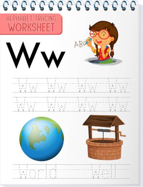 W harfi ve w illüstrasyonlu alfabe izleme çalışma tablosu