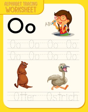 O ve O illüstrasyonlu alfabe izleme çalışma tablosu