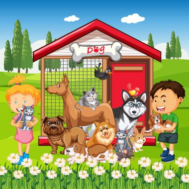 Park sahnesi illüstrasyonunda sahibi olan bir grup hayvan