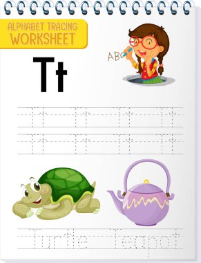 T ve T harfli alfabe izleme çalışma tablosu