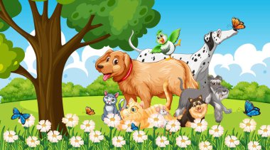 Park sahnesinde evcil hayvan grubu