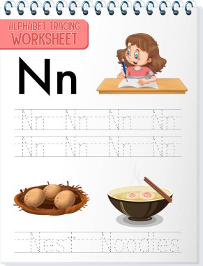 Harf ve kelime örnekleme ile alfabe izleme çalışma tablosu