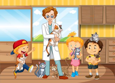 Çocuklar hayvanlarını veteriner doktor illüstrasyonuna götürüyorlar.