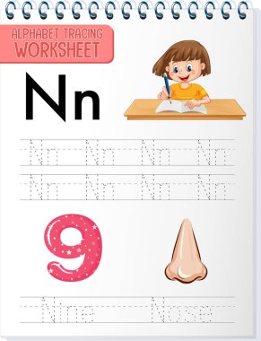 Harf ve kelime örnekleme ile alfabe izleme çalışma tablosu