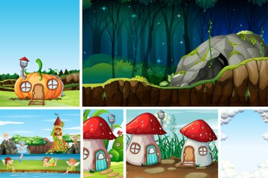 Kabak evi ve taş mağara illüstrasyonu gibi fantezi mekanları olan altı farklı fantezi dünyası.