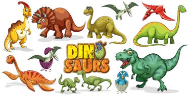 Beyaz arkaplan çiziminde izole edilmiş Dinozor çizgi film karakterleri