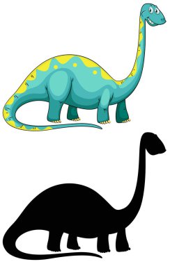 Beyaz arkaplanda dinozor çizgi film karakteri ve silueti.