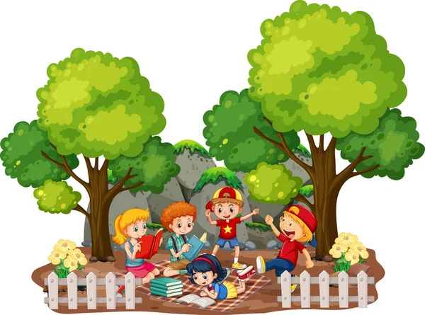 Crianças Jardim Cena Livre Fundo Branco Ilustração —  Vetores de Stock