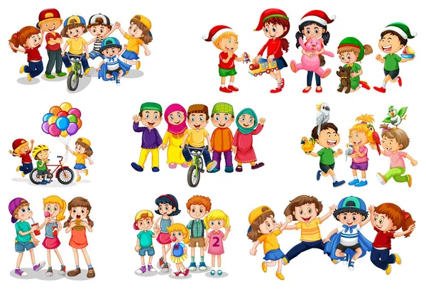 Conjunto Diferentes Niños Jugando Con Sus Juguetes Personaje Dibujos Animados — Vector de stock