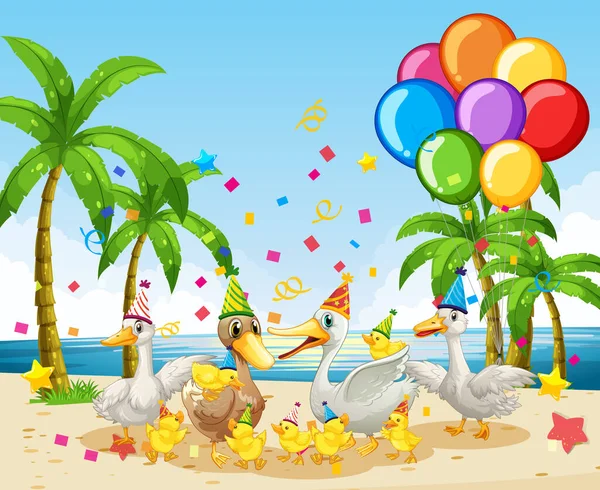パーティーのテーマ漫画のキャラクターでガチョウのグループビーチの背景イラスト — ストックベクタ