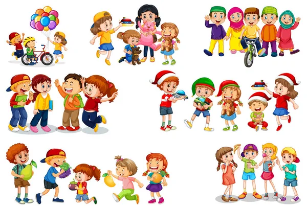 Ensemble Différents Enfants Jouant Avec Leur Personnage Dessin Animé Jouets — Image vectorielle