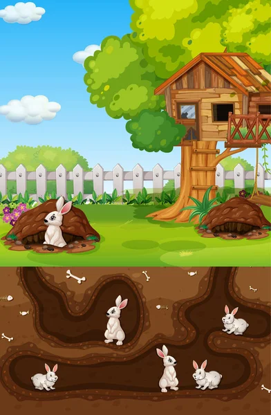 Agujero Subterráneo Animales Con Muchos Conejos Blancos Ilustración — Vector de stock