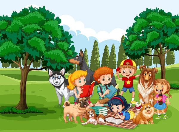 Parco Scena All Aperto Con Molti Bambini Loro Animale Domestico — Vettoriale Stock