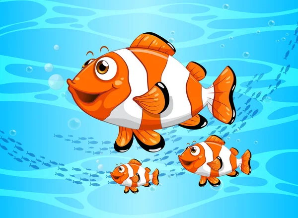 Many Exotic Fishes Cartoon Character Underwater Scene Illustration — Stock Vector