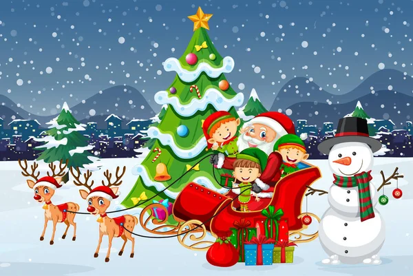 Weihnachtsmann Auf Schlitten Mit Rentieren Und Viele Kinder Tragen Elfenkostüm — Stockvektor