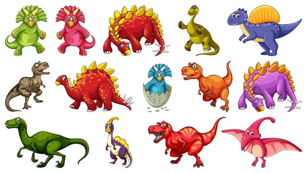 Conjunto Diferentes Personagens Desenhos Animados Dinossauros Isolados Fundo Branco Ilustração — Vetor de Stock