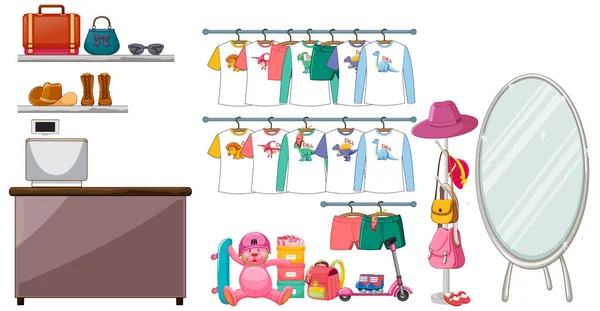 Kinderkleidung Hängt Auf Kleiderständern Mit Accessoires Auf Weißem Hintergrund — Stockvektor