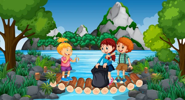Scene Many Children Cleaning Park Illustration — Stock Vector