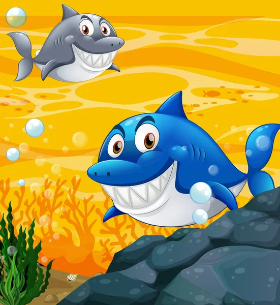 Veel Haaien Cartoon Karakter Onderwater Achtergrond Illustratie — Stockvector