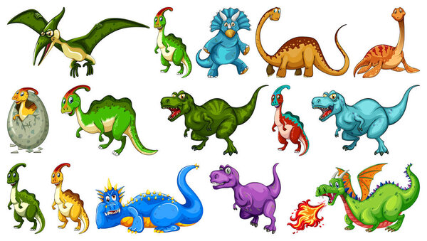 Set of different dinosaur cartoon character isolated on white background illustration