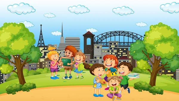 Scène Avec Nombreux Enfants Dans Parc Illustration — Image vectorielle
