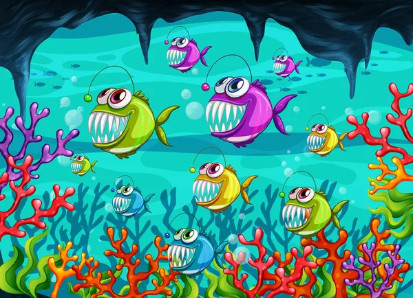 Peces Pescador Personaje Dibujos Animados Escena Submarina Con Ilustración Corales — Archivo Imágenes Vectoriales