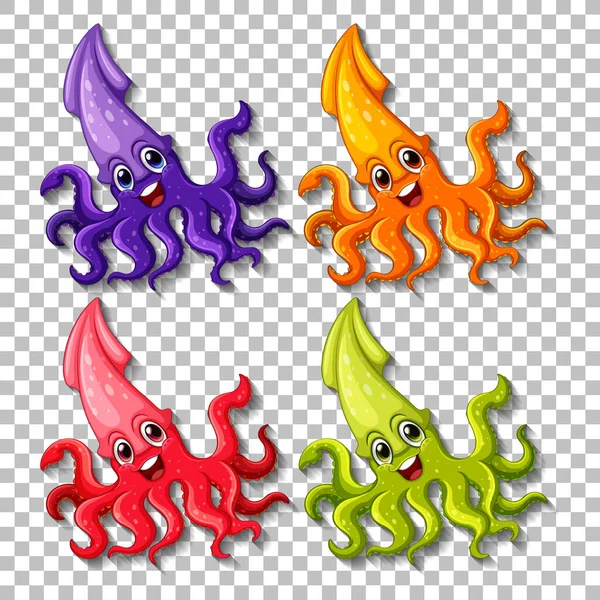 Set Diversi Colori Calamari Personaggio Dei Cartoni Animati Sfondo Trasparente — Vettoriale Stock