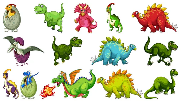 Conjunto Diferentes Personagens Desenhos Animados Dinossauros Isolados Fundo Branco Ilustração — Vetor de Stock