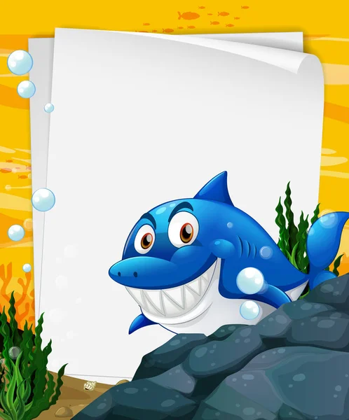Blank Paper Template Shark Cartoon Character Underwater Scene Illustration — Stock Vector