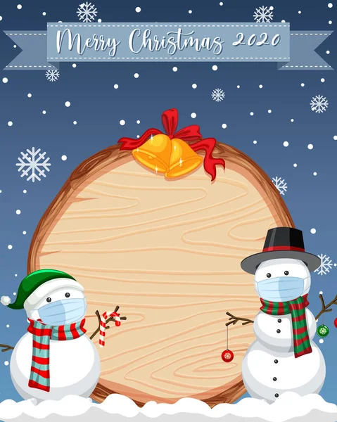 Blank Wooden Board Merry Christmas 2020 Font Logo Snowman Snow — Stock Vector