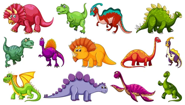 Sada Různých Dinosaurus Kreslený Znak Izolované Bílém Pozadí Ilustrace — Stockový vektor