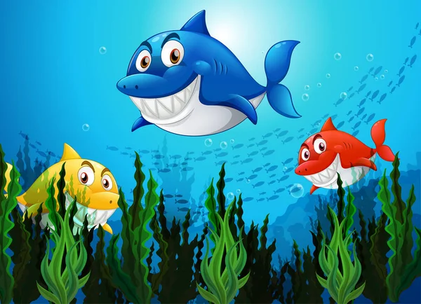 水中の背景イラストの多くのサメの漫画のキャラクター — ストックベクタ