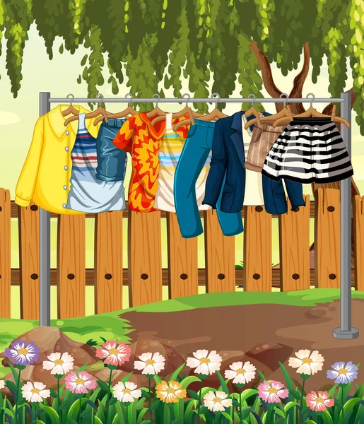 Clothes Hanging Clothesline Fence Flower Garden Scene Illustration — Stock Vector