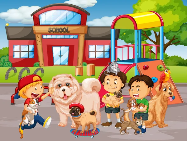 Scuola Scena All Aperto Con Gruppo Animali Domestici Bambini Illustrazione — Vettoriale Stock