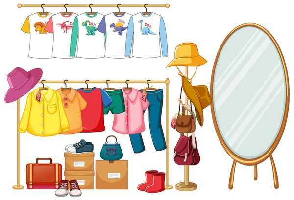 Kleding Opknoping Kledingrek Met Accessoires Witte Achtergrond Illustratie — Stockvector