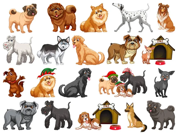 Diversi Cani Divertenti Stile Cartone Animato Isolato Sfondo Bianco Illustrazione — Vettoriale Stock