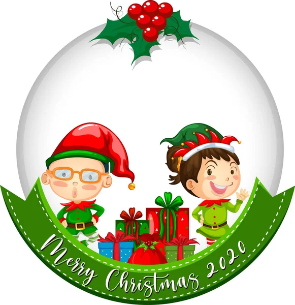 Blank Circle Banner Merry Christmas 2020 Cute Elf Illustration — 스톡 벡터