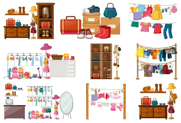 Set Van Kleding Accessoires Garderobe Geïsoleerd Witte Achtergrond Illustratie — Stockvector