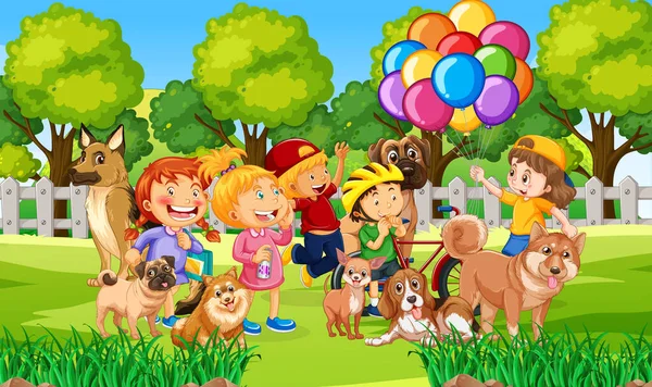 Parque Cena Livre Com Muitas Crianças Sua Ilustração Animal Estimação —  Vetores de Stock