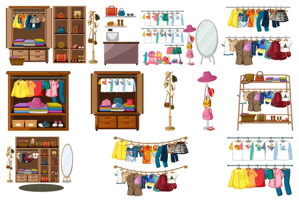 Set Van Kleding Accessoires Garderobe Geïsoleerd Witte Achtergrond Illustratie — Stockvector