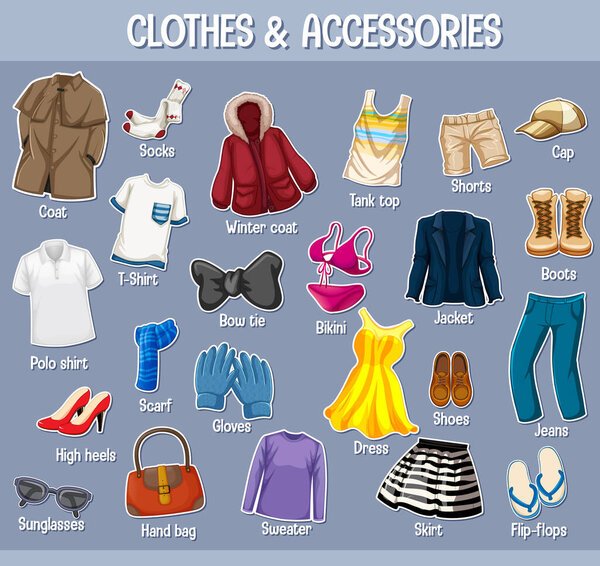 Clothes and accessories with names isolated on purple background illustration
