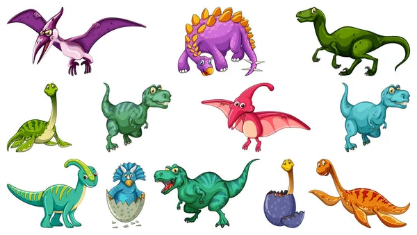 Sada Různých Dinosaurus Kreslený Znak Izolované Bílém Pozadí Ilustrace — Stockový vektor