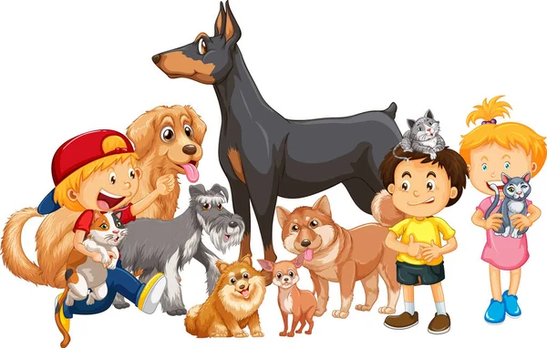 Kindergruppe Mit Ihren Hunden Illustration — Stockvektor