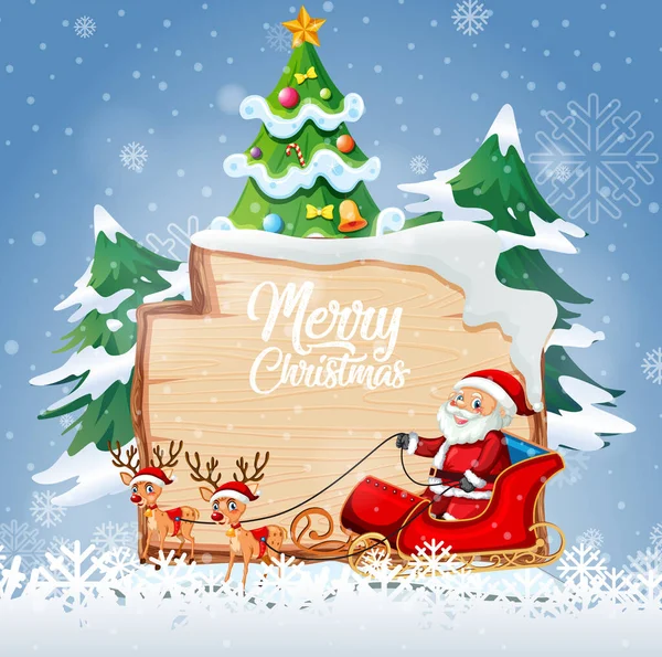 Merry Christmas Lettertype Logo Houten Bord Met Kerst Cartoon Karakter — Stockvector