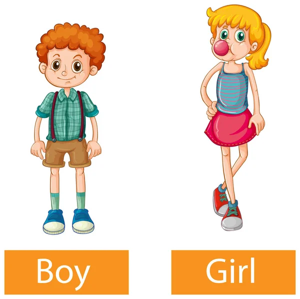 白の背景のイラストで男の子と女の子との逆の形容詞の言葉 — ストックベクタ