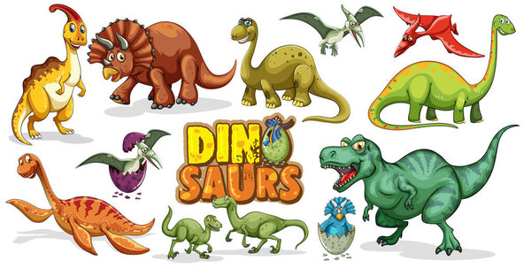 Set of Dinosaurs cartoon character isolated on white background illustration