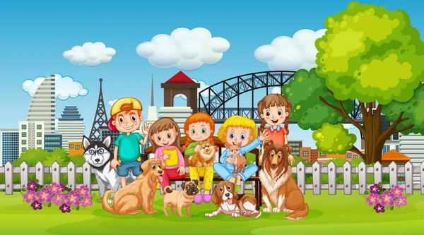Parque Cena Livre Com Muitas Crianças Sua Ilustração Animal Estimação — Vetor de Stock