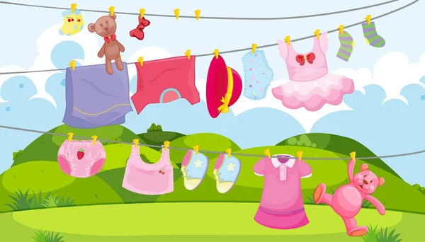 Children Clothes Clothesline Children Accessories Outdoor Scene Illustration — Stock Vector