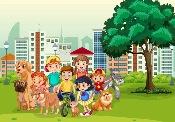 Parc Scène Plein Air Avec Nombreux Enfants Leur Animal Compagnie — Image vectorielle